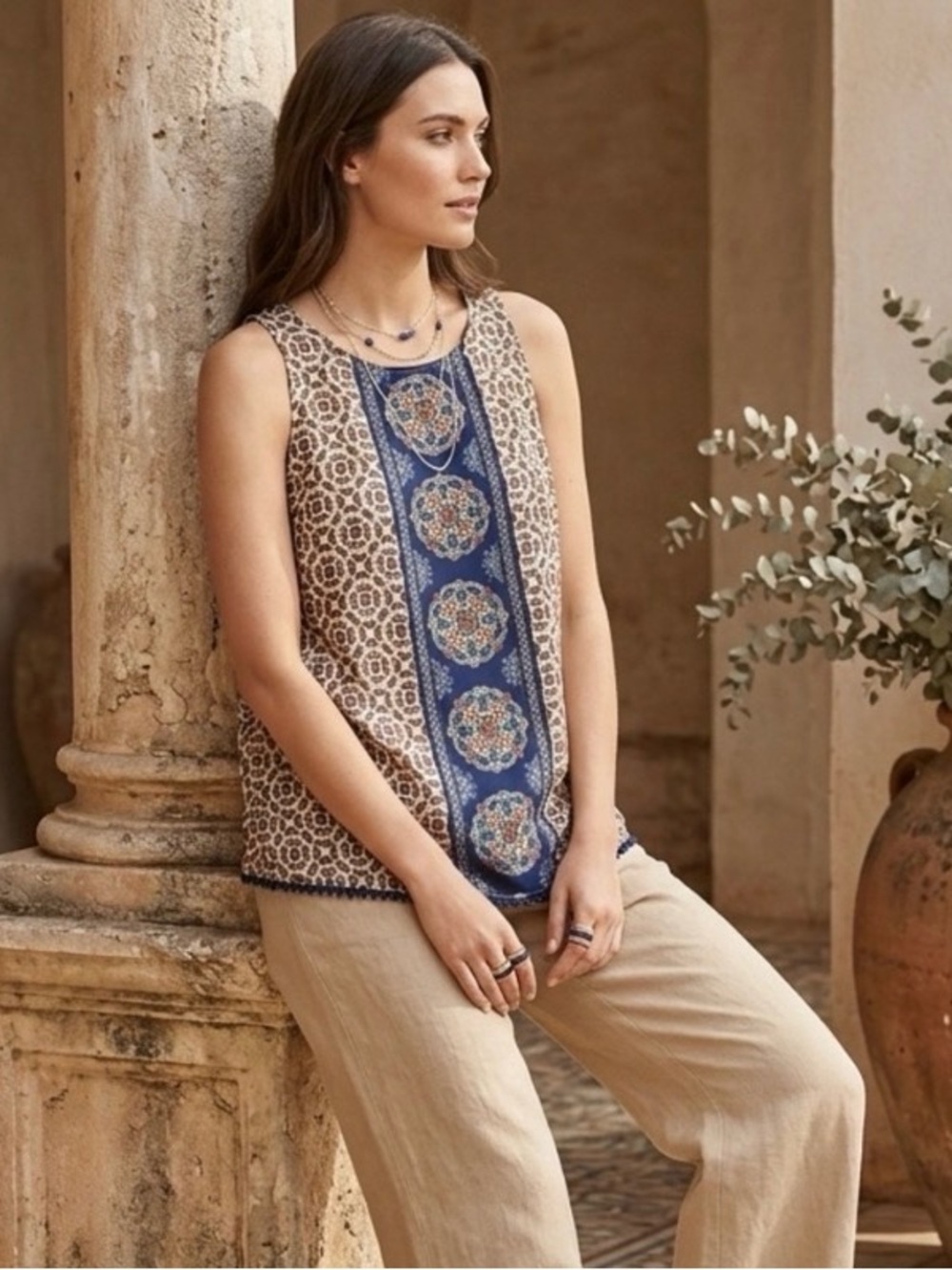 Xhilaration Geometric Tile Print Tank Top Boho Crochet Trim Blue Orange Size L